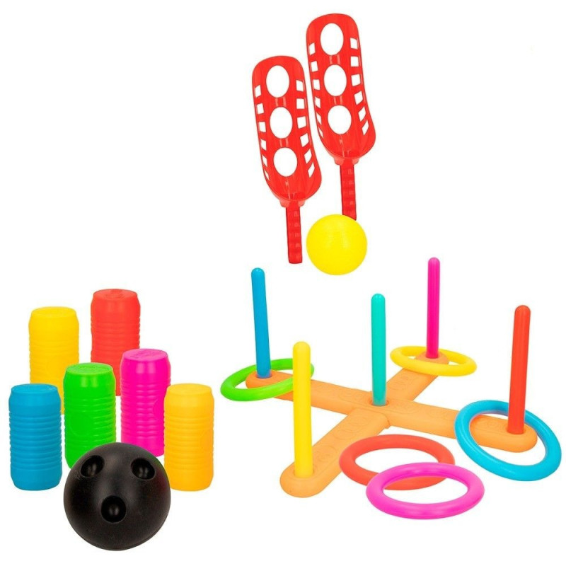 Set 3 Juegos Multisport Aire Libre: Anillas, Bolos, Atrapa Bola