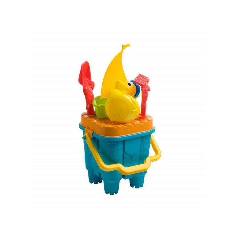 Cubo de playa castillo con patito y accesorios 20cm