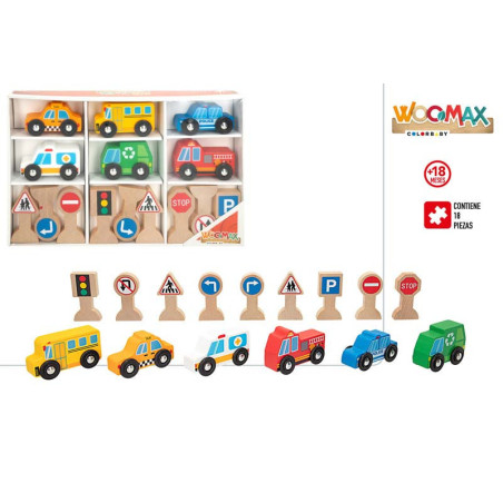 Woomax-  Set 6 Vehículos y Señales de Tráfico Madera