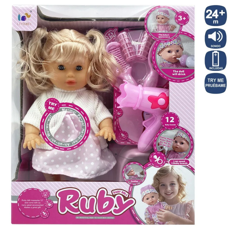 Muñeca con Accesorios Peluquería y Sonidos 30 cm
