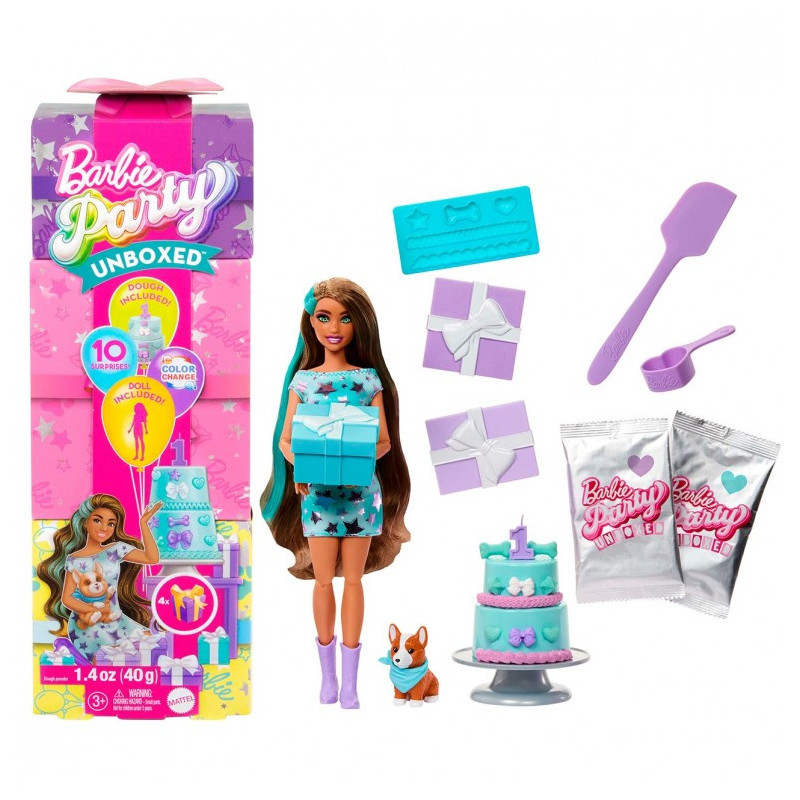 Barbie Party Unboxed Muñeca Morada con 10 Sorpresas